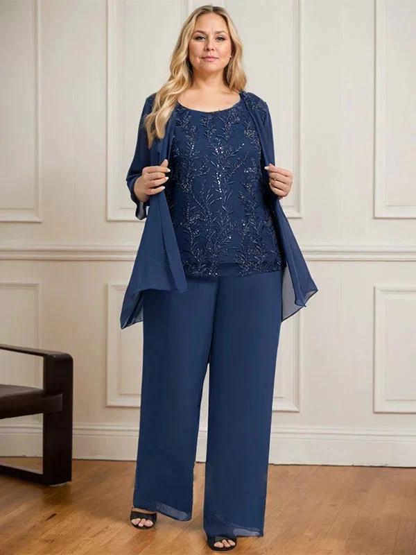 Separates Jumpsuit/Pantsuit Scoop Floor-Length Lace Chiffon Mother of the Bride Dress With Sequins - Image 13