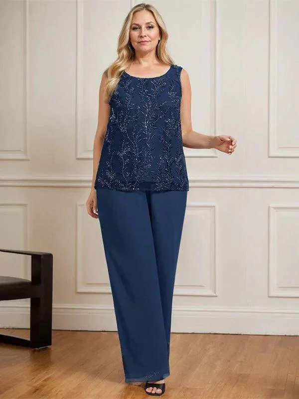 Separates Jumpsuit/Pantsuit Scoop Floor-Length Lace Chiffon Mother of the Bride Dress With Sequins - Image 14