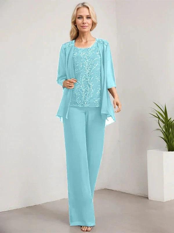 Separates Jumpsuit/Pantsuit Scoop Floor-Length Lace Chiffon Mother of the Bride Dress With Sequins - Image 15