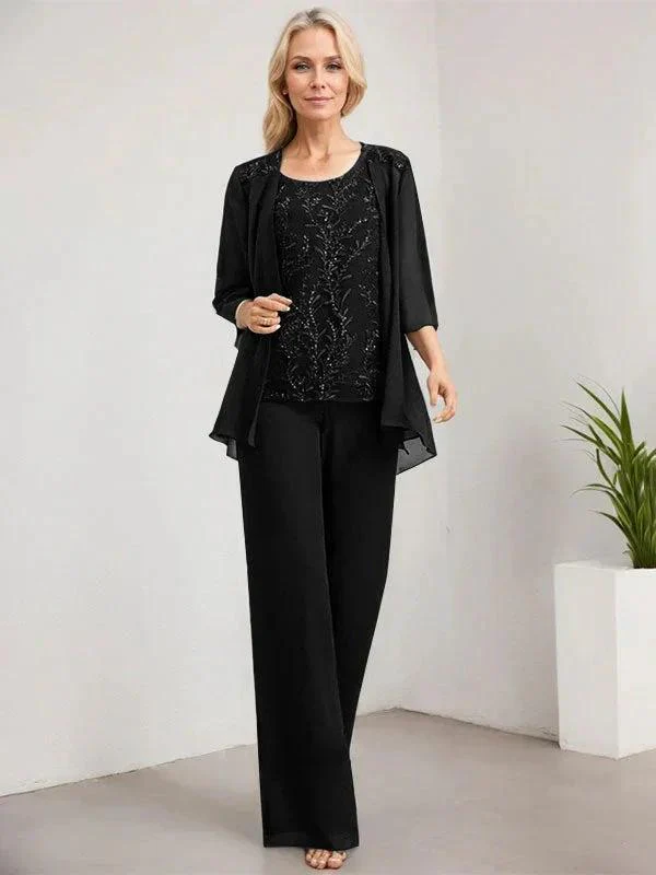 Separates Jumpsuit/Pantsuit Scoop Floor-Length Lace Chiffon Mother of the Bride Dress With Sequins - Image 16