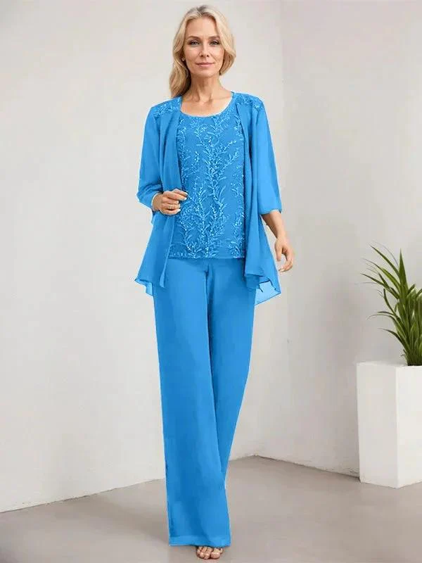 Separates Jumpsuit/Pantsuit Scoop Floor-Length Lace Chiffon Mother of the Bride Dress With Sequins - Image 17