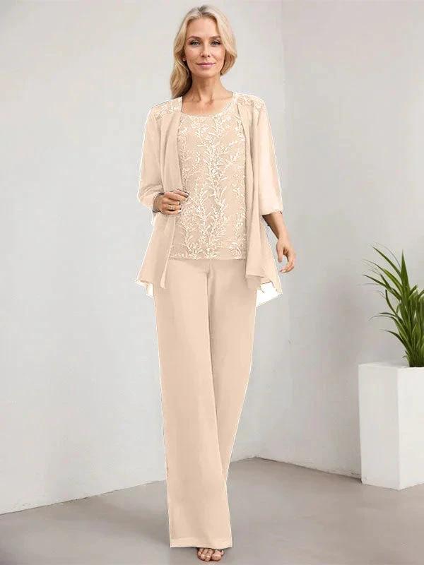 Separates Jumpsuit/Pantsuit Scoop Floor-Length Lace Chiffon Mother of the Bride Dress With Sequins - Image 18