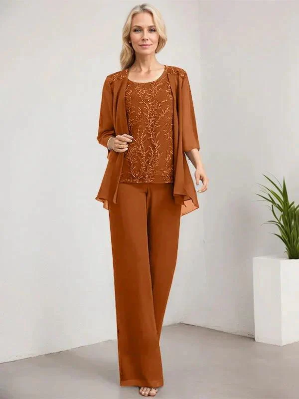 Separates Jumpsuit/Pantsuit Scoop Floor-Length Lace Chiffon Mother of the Bride Dress With Sequins - Image 19