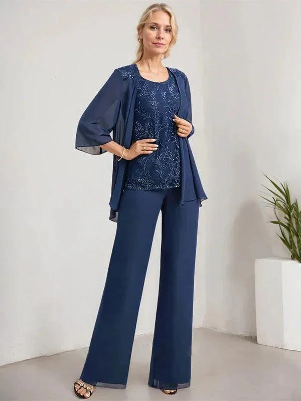 Separates Jumpsuit/Pantsuit Scoop Floor-Length Lace Chiffon Mother of the Bride Dress With Sequins - Image 2
