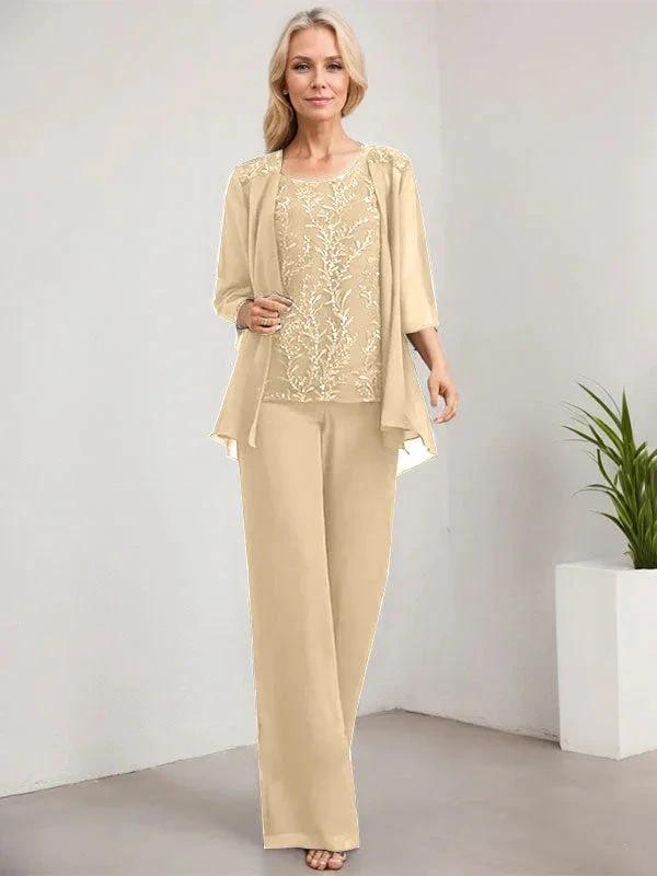 Separates Jumpsuit/Pantsuit Scoop Floor-Length Lace Chiffon Mother of the Bride Dress With Sequins - Image 20