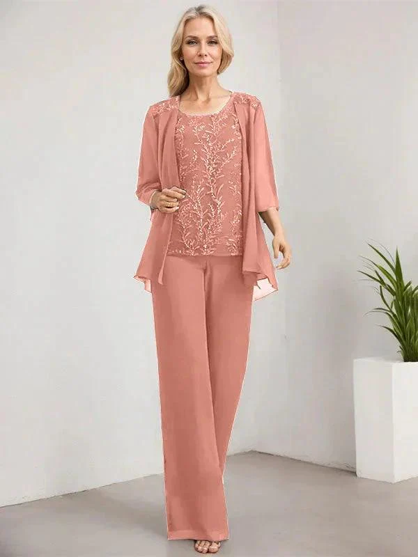 Separates Jumpsuit/Pantsuit Scoop Floor-Length Lace Chiffon Mother of the Bride Dress With Sequins - Image 21