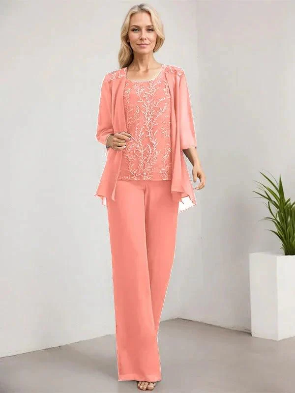 Separates Jumpsuit/Pantsuit Scoop Floor-Length Lace Chiffon Mother of the Bride Dress With Sequins - Image 22