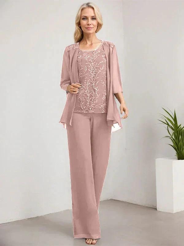 Separates Jumpsuit/Pantsuit Scoop Floor-Length Lace Chiffon Mother of the Bride Dress With Sequins - Image 23