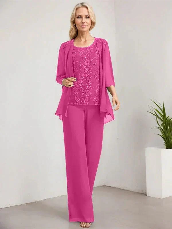 Separates Jumpsuit/Pantsuit Scoop Floor-Length Lace Chiffon Mother of the Bride Dress With Sequins - Image 24