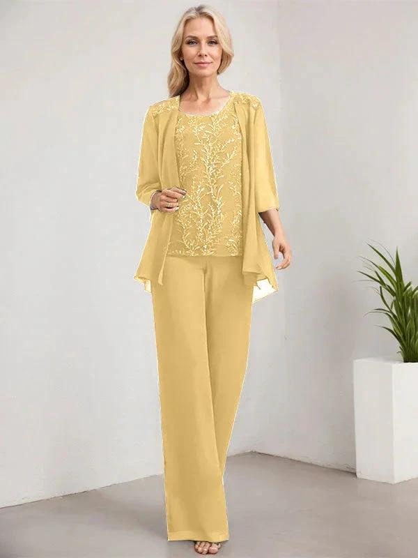 Separates Jumpsuit/Pantsuit Scoop Floor-Length Lace Chiffon Mother of the Bride Dress With Sequins - Image 25