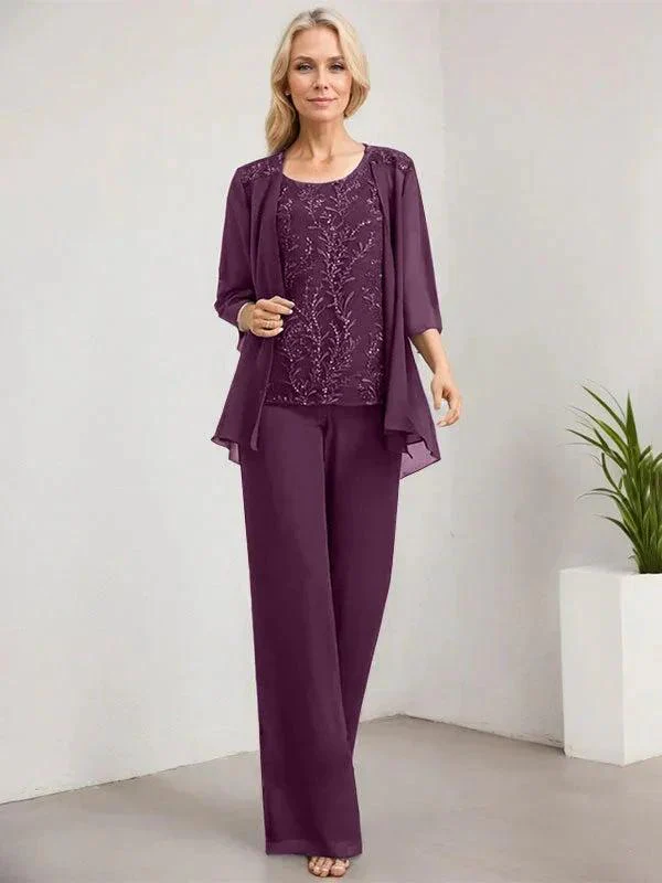 Separates Jumpsuit/Pantsuit Scoop Floor-Length Lace Chiffon Mother of the Bride Dress With Sequins - Image 26