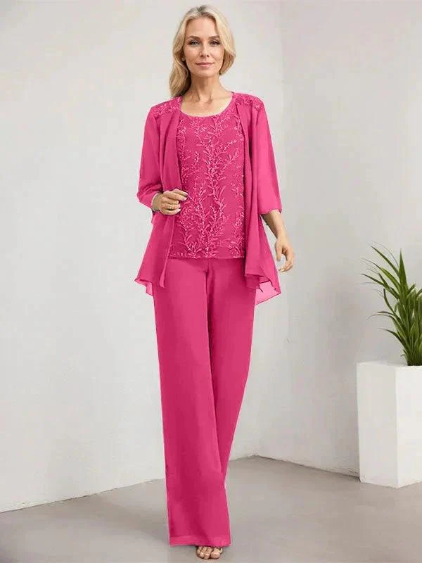 Separates Jumpsuit/Pantsuit Scoop Floor-Length Lace Chiffon Mother of the Bride Dress With Sequins - Image 27