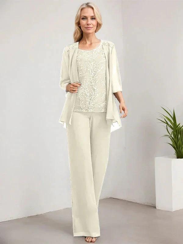 Separates Jumpsuit/Pantsuit Scoop Floor-Length Lace Chiffon Mother of the Bride Dress With Sequins - Image 28