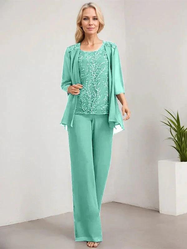 Separates Jumpsuit/Pantsuit Scoop Floor-Length Lace Chiffon Mother of the Bride Dress With Sequins - Image 29