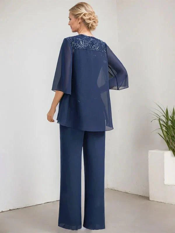 Separates Jumpsuit/Pantsuit Scoop Floor-Length Lace Chiffon Mother of the Bride Dress With Sequins - Image 3