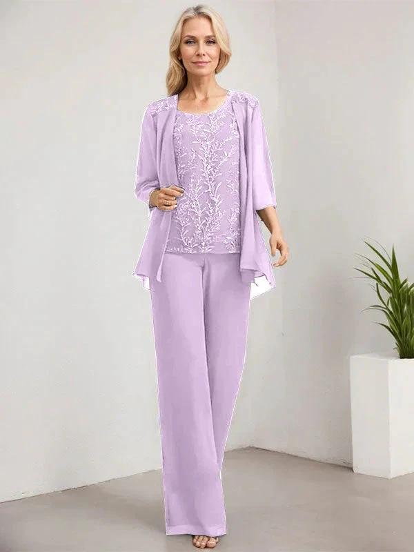 Separates Jumpsuit/Pantsuit Scoop Floor-Length Lace Chiffon Mother of the Bride Dress With Sequins - Image 30