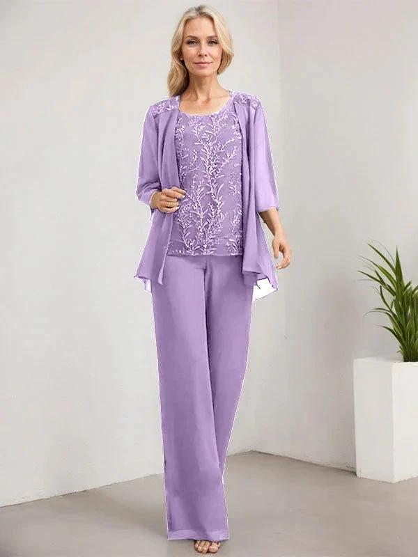 Separates Jumpsuit/Pantsuit Scoop Floor-Length Lace Chiffon Mother of the Bride Dress With Sequins - Image 31