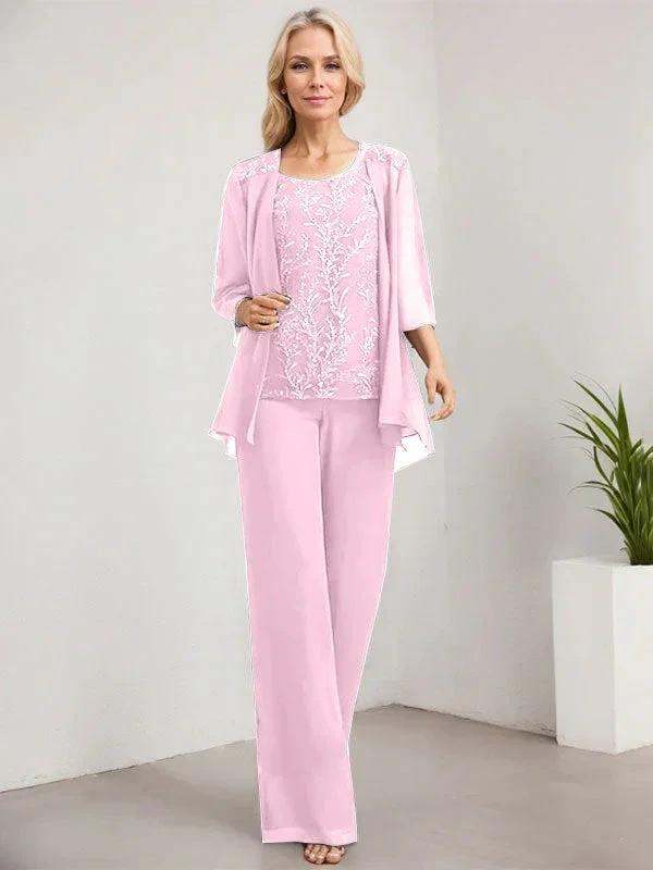 Separates Jumpsuit/Pantsuit Scoop Floor-Length Lace Chiffon Mother of the Bride Dress With Sequins - Image 32