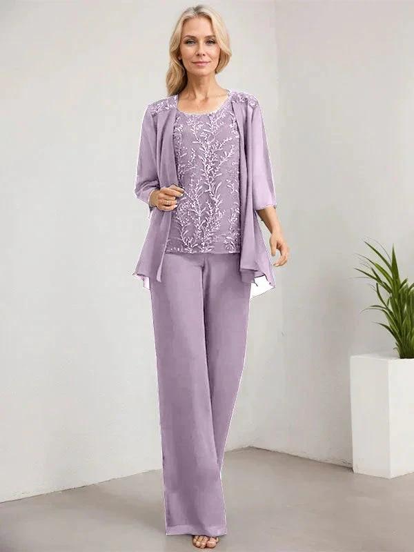 Separates Jumpsuit/Pantsuit Scoop Floor-Length Lace Chiffon Mother of the Bride Dress With Sequins - Image 33