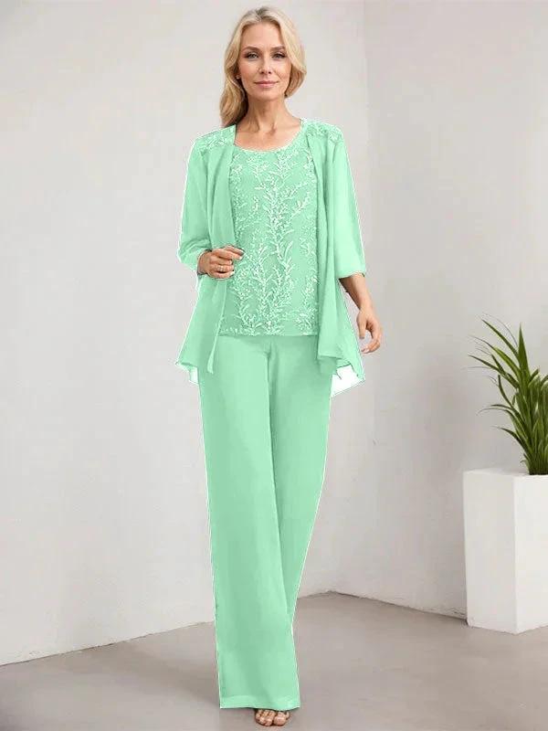 Separates Jumpsuit/Pantsuit Scoop Floor-Length Lace Chiffon Mother of the Bride Dress With Sequins - Image 34