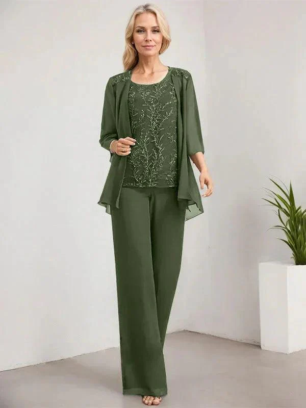 Separates Jumpsuit/Pantsuit Scoop Floor-Length Lace Chiffon Mother of the Bride Dress With Sequins - Image 36