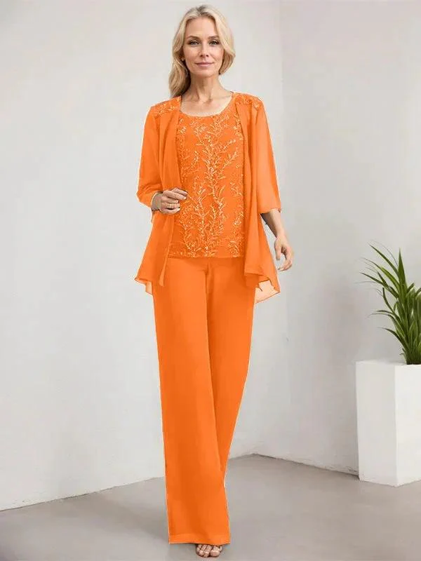 Separates Jumpsuit/Pantsuit Scoop Floor-Length Lace Chiffon Mother of the Bride Dress With Sequins - Image 37