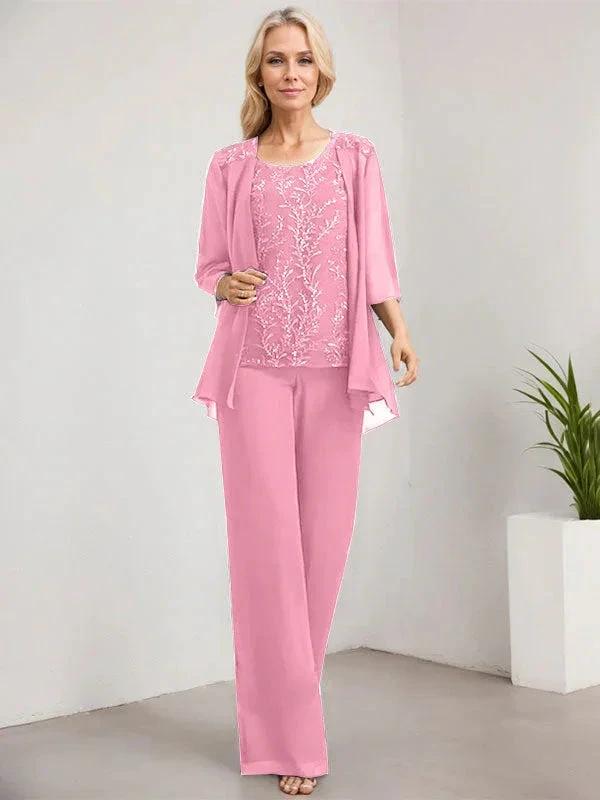 Separates Jumpsuit/Pantsuit Scoop Floor-Length Lace Chiffon Mother of the Bride Dress With Sequins - Image 39
