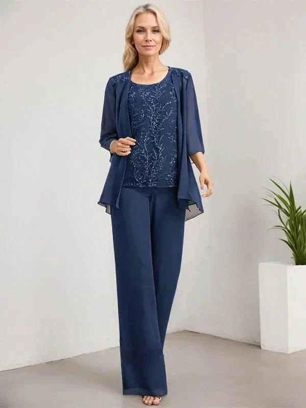 Separates Jumpsuit/Pantsuit Scoop Floor-Length Lace Chiffon Mother of the Bride Dress With Sequins - Image 4