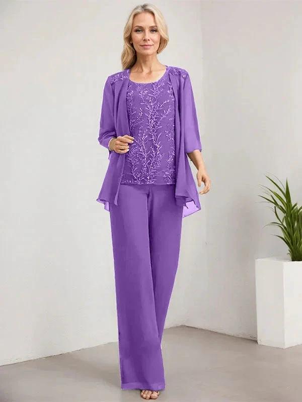 Separates Jumpsuit/Pantsuit Scoop Floor-Length Lace Chiffon Mother of the Bride Dress With Sequins - Image 40