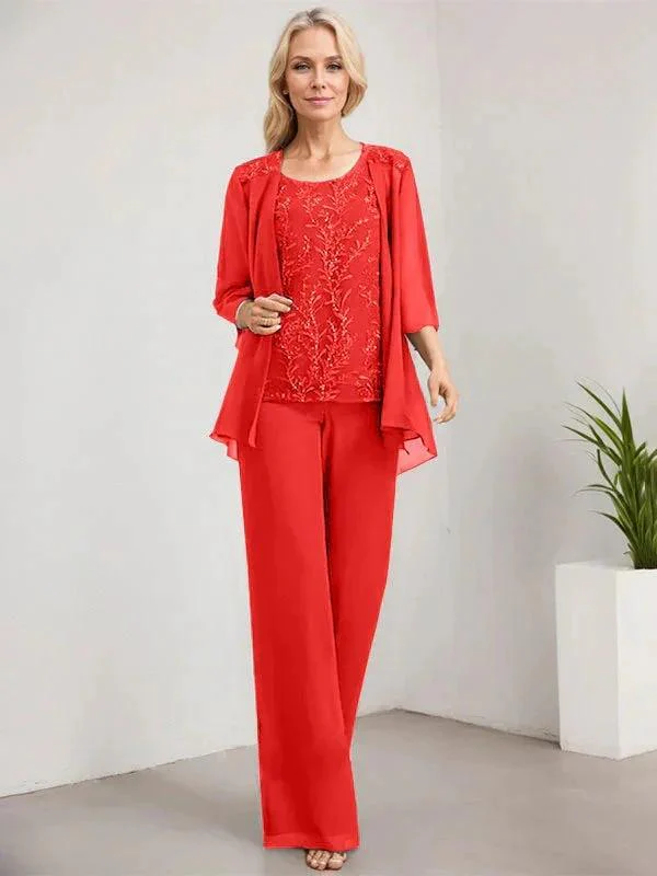 Separates Jumpsuit/Pantsuit Scoop Floor-Length Lace Chiffon Mother of the Bride Dress With Sequins - Image 41