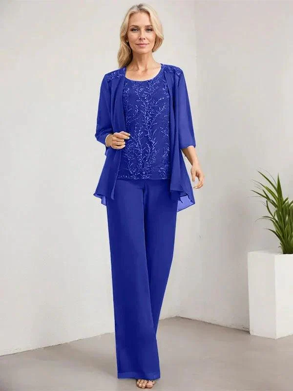Separates Jumpsuit/Pantsuit Scoop Floor-Length Lace Chiffon Mother of the Bride Dress With Sequins - Image 42