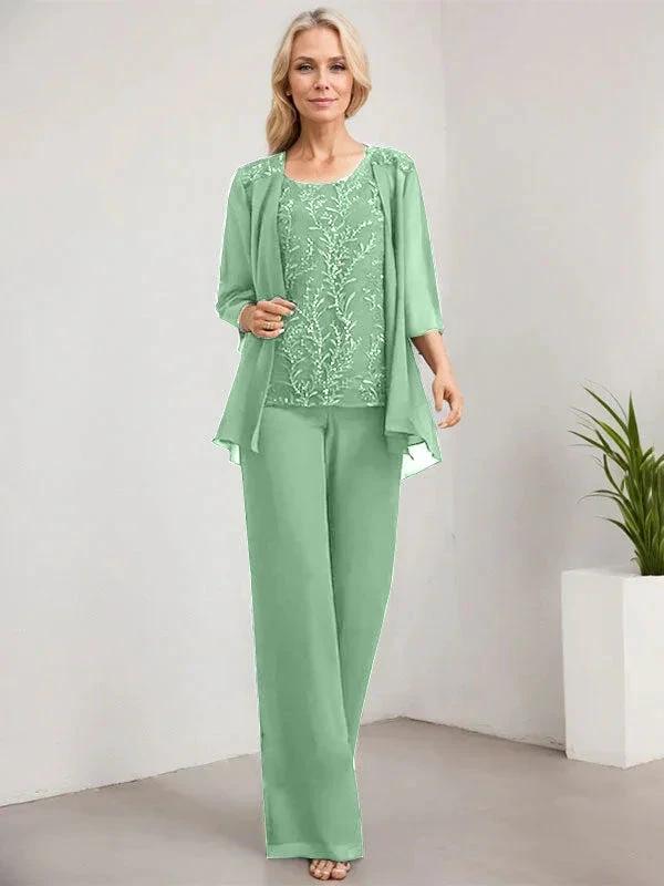 Separates Jumpsuit/Pantsuit Scoop Floor-Length Lace Chiffon Mother of the Bride Dress With Sequins - Image 44