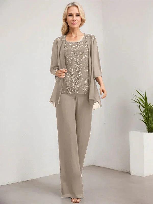 Separates Jumpsuit/Pantsuit Scoop Floor-Length Lace Chiffon Mother of the Bride Dress With Sequins - Image 45