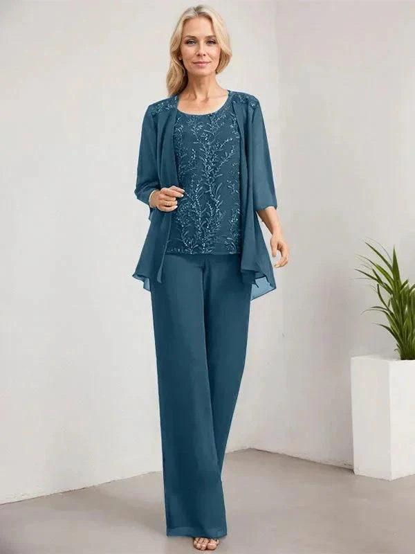 Separates Jumpsuit/Pantsuit Scoop Floor-Length Lace Chiffon Mother of the Bride Dress With Sequins - Image 46
