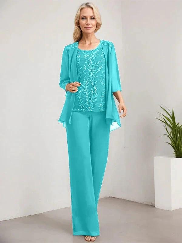 Separates Jumpsuit/Pantsuit Scoop Floor-Length Lace Chiffon Mother of the Bride Dress With Sequins - Image 47