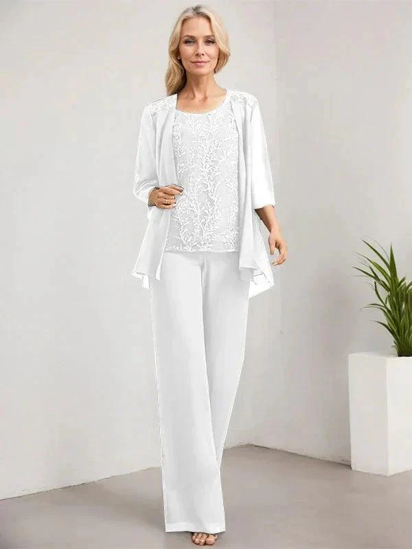 Separates Jumpsuit/Pantsuit Scoop Floor-Length Lace Chiffon Mother of the Bride Dress With Sequins - Image 48