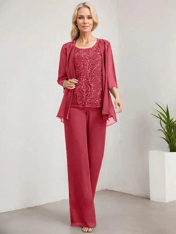 Separates Jumpsuit/Pantsuit Scoop Floor-Length Lace Chiffon Mother of the Bride Dress With Sequins - Image 49