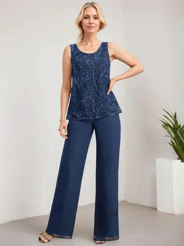 Separates Jumpsuit/Pantsuit Scoop Floor-Length Lace Chiffon Mother of the Bride Dress With Sequins - Image 5