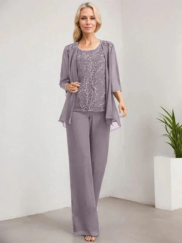 Separates Jumpsuit/Pantsuit Scoop Floor-Length Lace Chiffon Mother of the Bride Dress With Sequins - Image 50