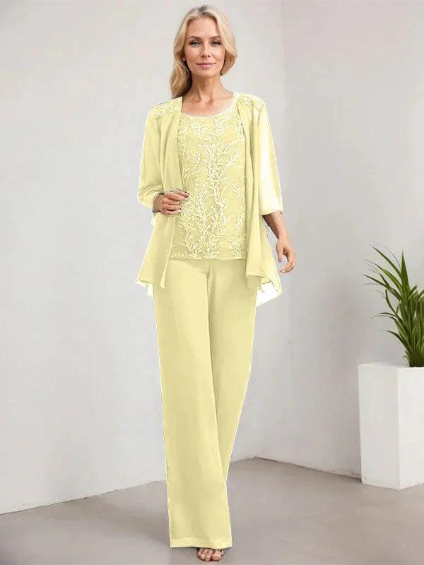 Separates Jumpsuit/Pantsuit Scoop Floor-Length Lace Chiffon Mother of the Bride Dress With Sequins - Image 51