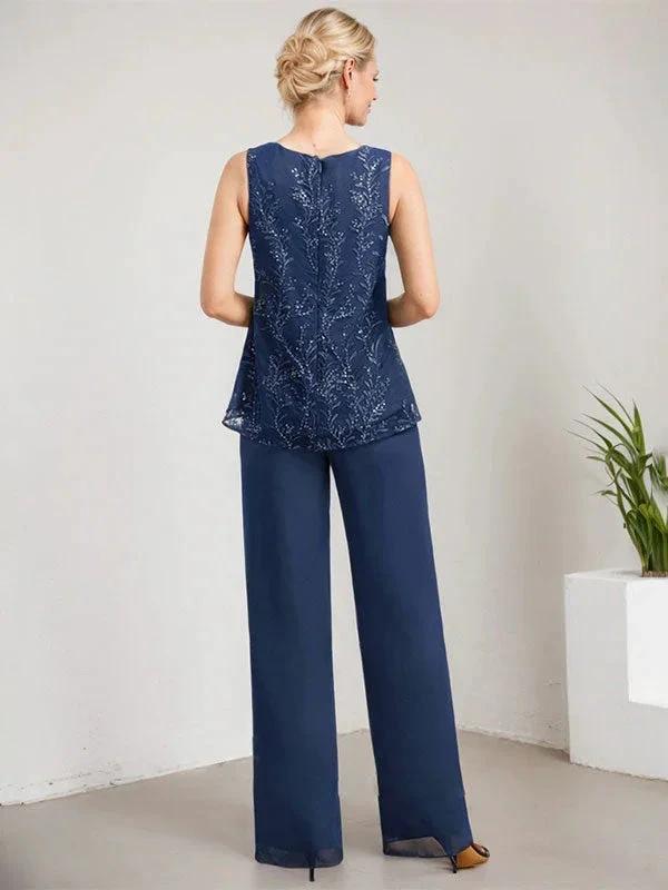 Separates Jumpsuit/Pantsuit Scoop Floor-Length Lace Chiffon Mother of the Bride Dress With Sequins - Image 6