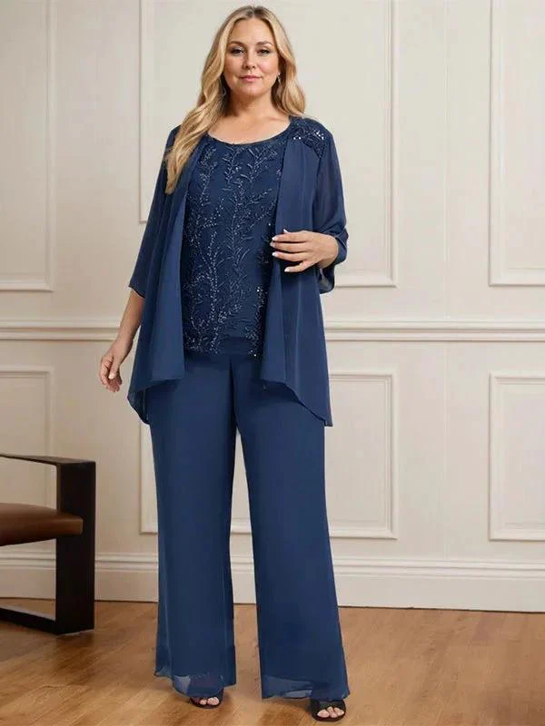 Separates Jumpsuit/Pantsuit Scoop Floor-Length Lace Chiffon Mother of the Bride Dress With Sequins - Image 8