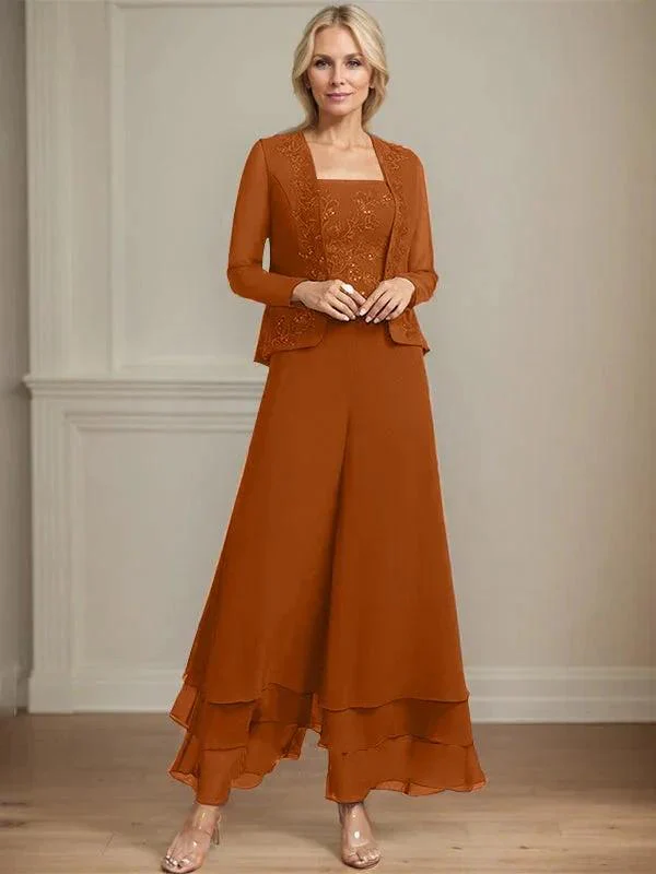 Separates Jumpsuit/Pantsuit Square Ankle-Length Lace Chiffon Mother of the Bride Dress With Sequins - Image 16