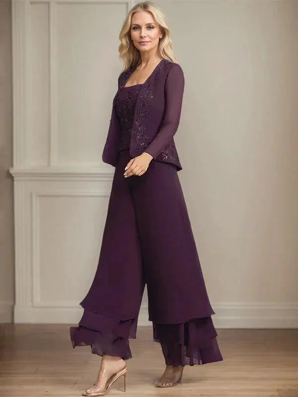 Separates Jumpsuit/Pantsuit Square Ankle-Length Lace Chiffon Mother of the Bride Dress With Sequins - Image 2