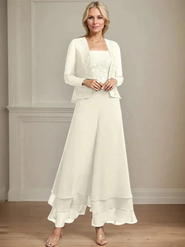 Separates Jumpsuit/Pantsuit Square Ankle-Length Lace Chiffon Mother of the Bride Dress With Sequins - Image 25