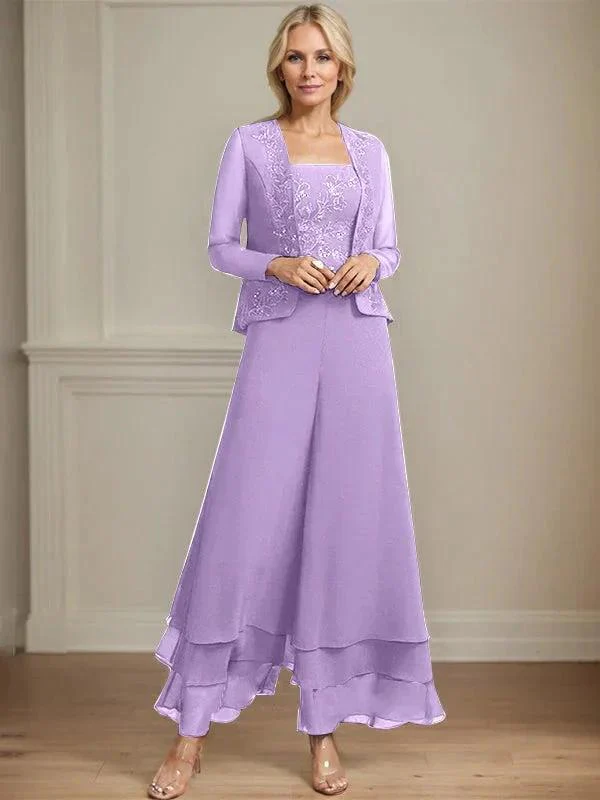 Separates Jumpsuit/Pantsuit Square Ankle-Length Lace Chiffon Mother of the Bride Dress With Sequins - Image 28