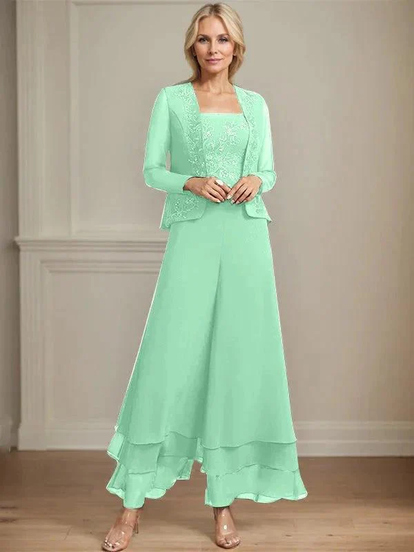 Separates Jumpsuit/Pantsuit Square Ankle-Length Lace Chiffon Mother of the Bride Dress With Sequins - Image 31