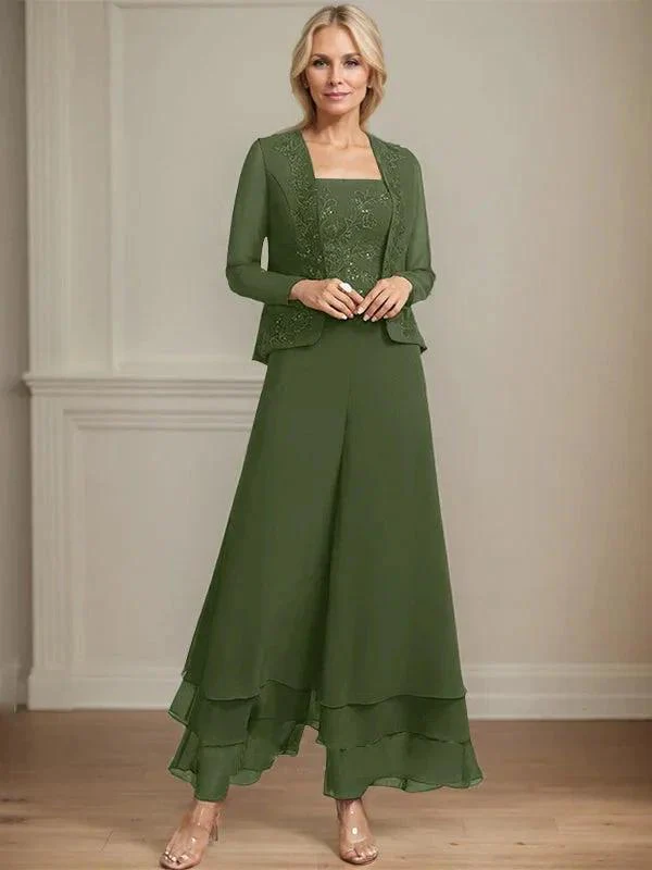 Separates Jumpsuit/Pantsuit Square Ankle-Length Lace Chiffon Mother of the Bride Dress With Sequins - Image 33