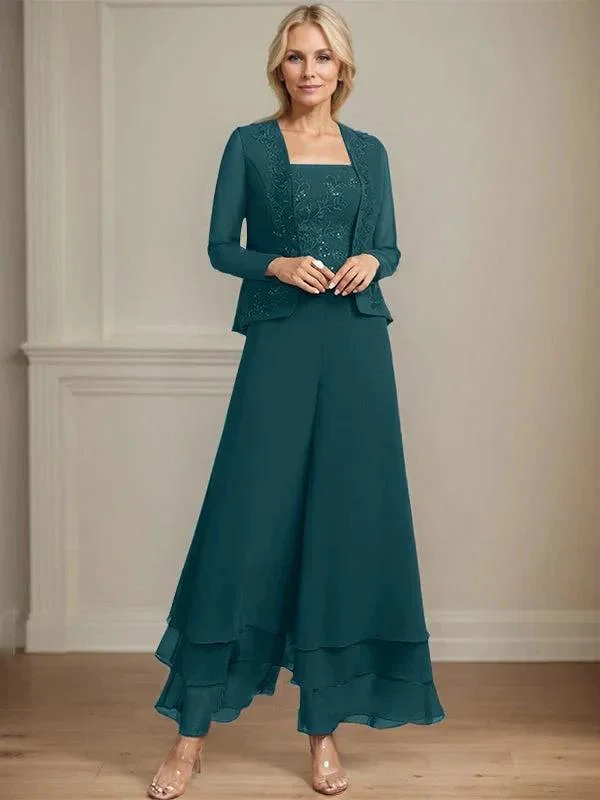 Separates Jumpsuit/Pantsuit Square Ankle-Length Lace Chiffon Mother of the Bride Dress With Sequins - Image 35