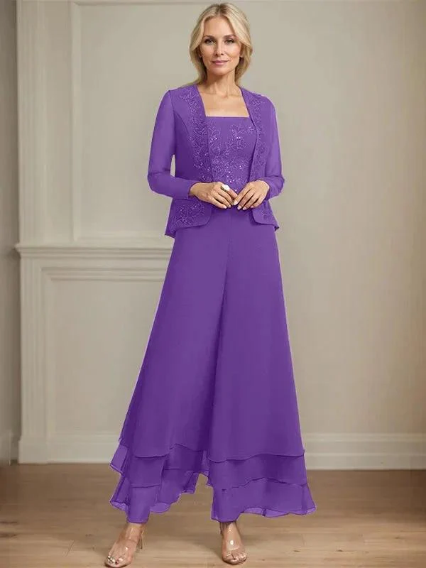Separates Jumpsuit/Pantsuit Square Ankle-Length Lace Chiffon Mother of the Bride Dress With Sequins - Image 37